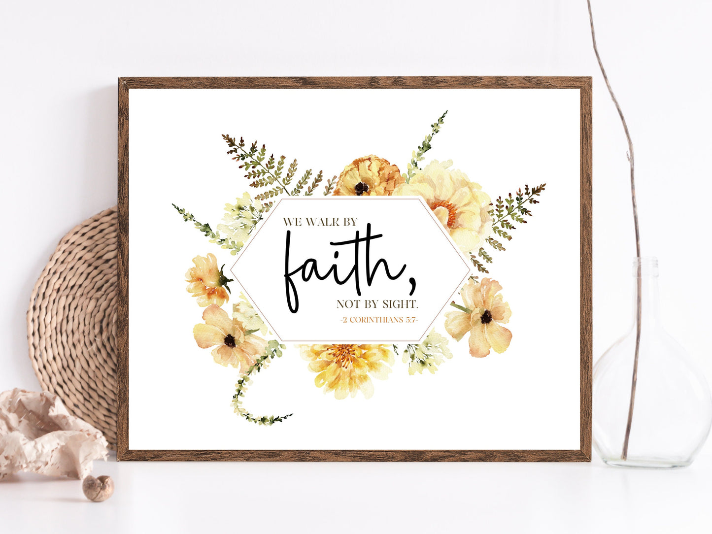 Walk by Faith Bible Verse Wall Art | 2 Corinthians 5:7 | JW Baptism Gift | Lemon Boho Flowers