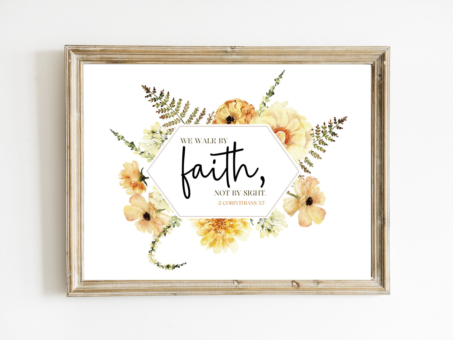 Walk by Faith Bible Verse Wall Art | 2 Corinthians 5:7 | JW Baptism Gift | Lemon Boho Flowers