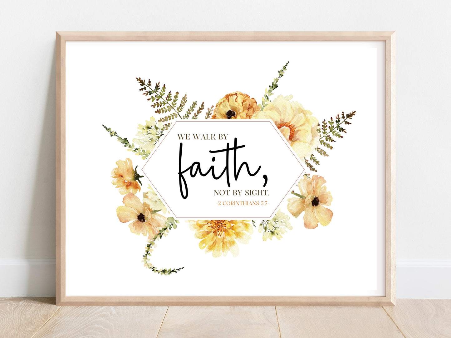 Walk by Faith Bible Verse Wall Art | 2 Corinthians 5:7 | JW Baptism Gift | Lemon Boho Flowers