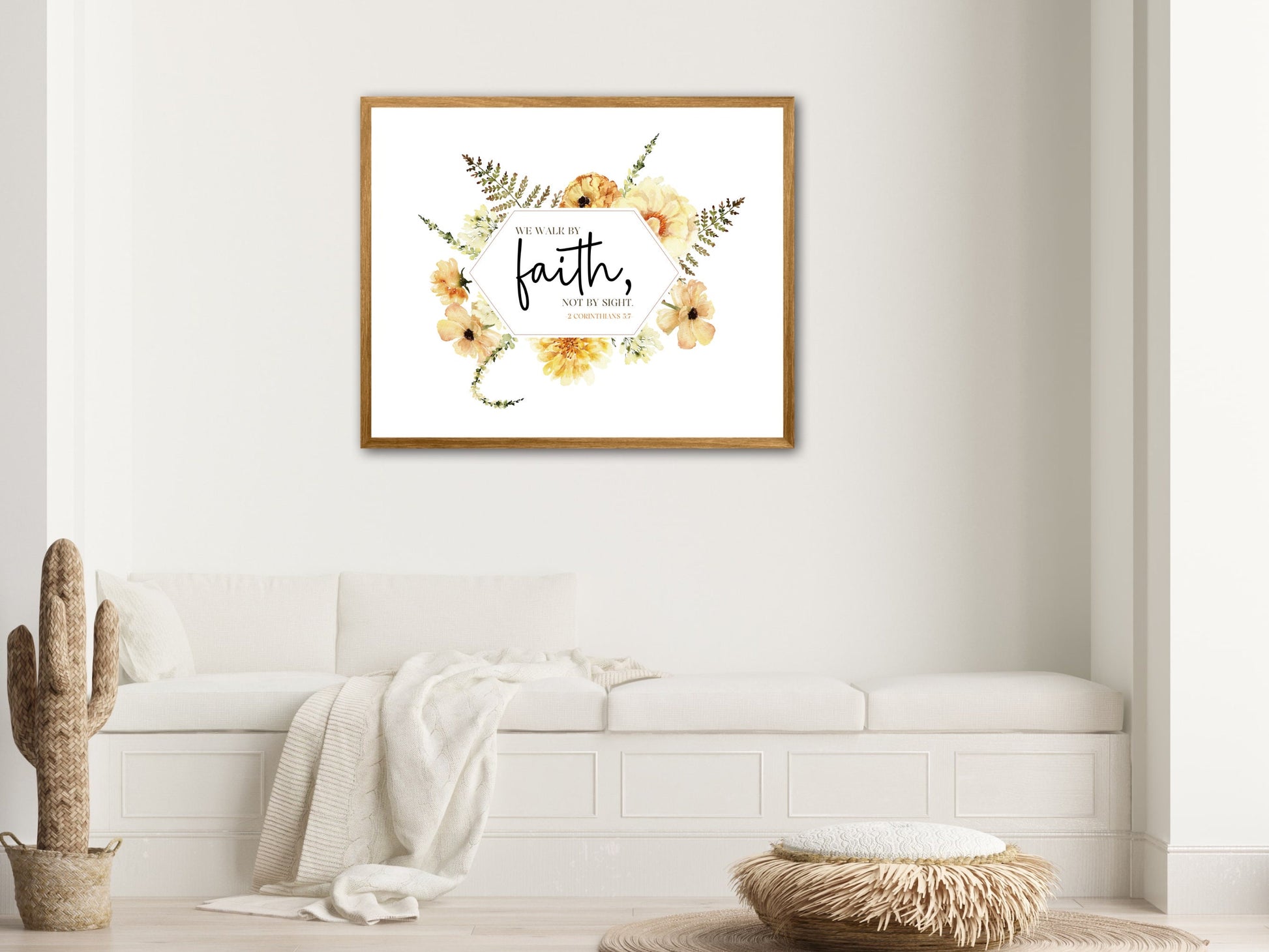 Walk by Faith Bible Verse Wall Art | 2 Corinthians 5:7 | JW Baptism Gift | Lemon Boho Flowers