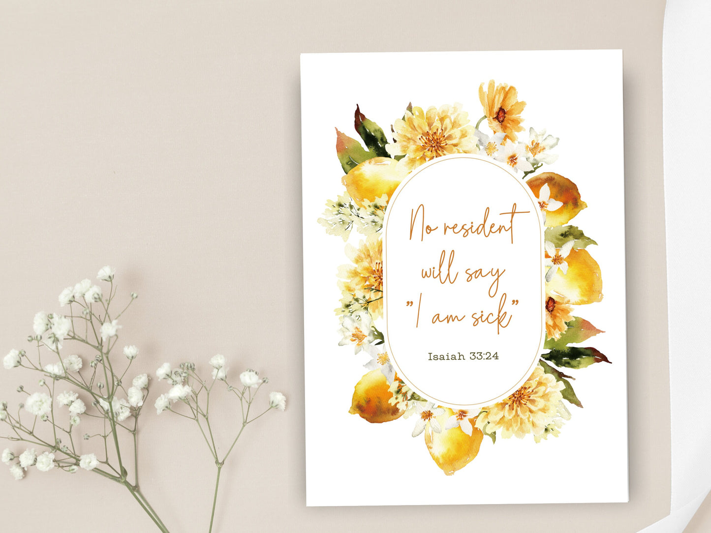 Isaiah 33 24 | 5"x7" Print | JW Sympathy Card | JW Gift | Bible Verse | JW Printable | Greeting Card | Lemon Daisies